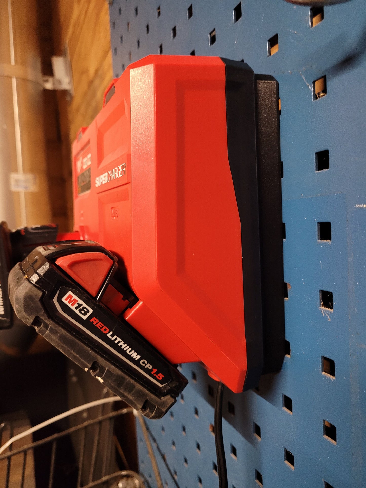 Milwaukee M12 M18 Super Charger Mount, Cat. No. 48-59-1811, Uses Three Neodymium Bar Magnets for Strong Hold on Metal Surface